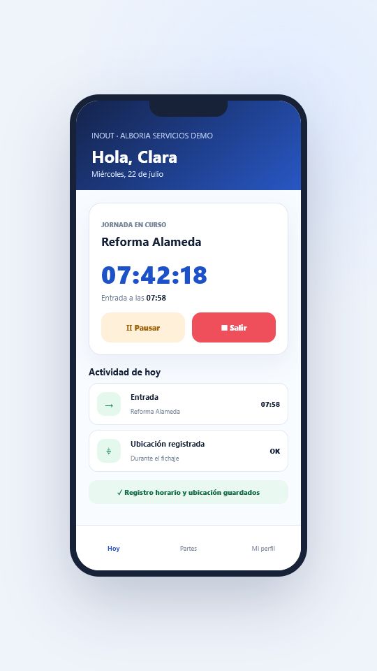 Aplicación móvil de INOUT durante una jornada activa