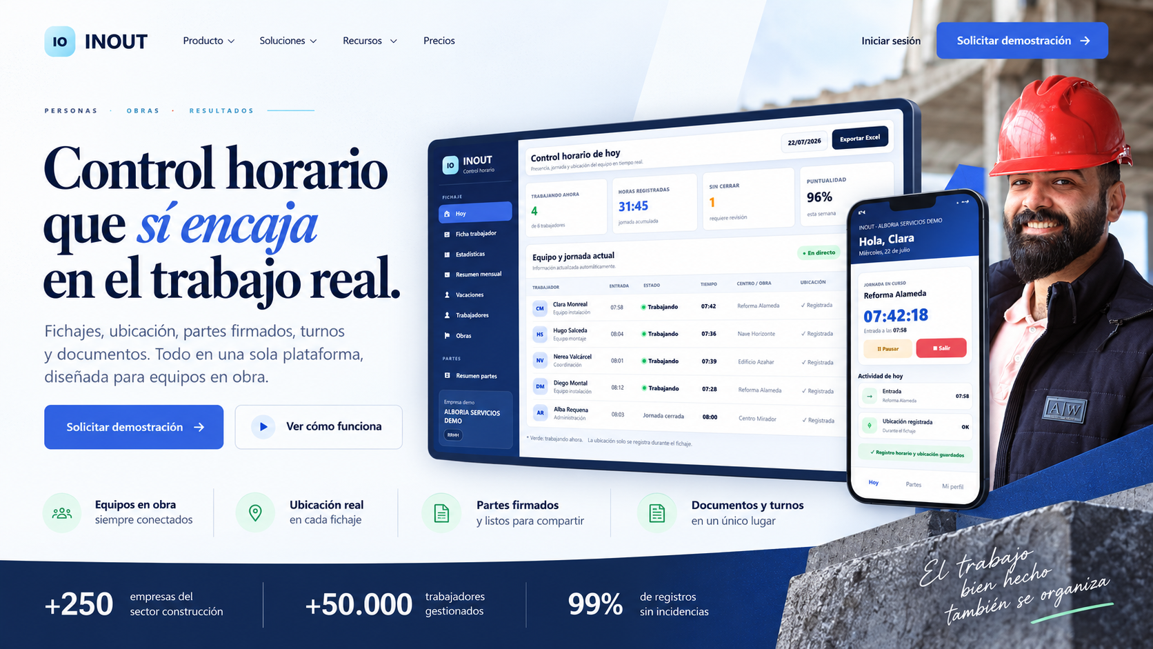 Portada visual de INOUT Fichajes con obra, panel de empresa y app móvil