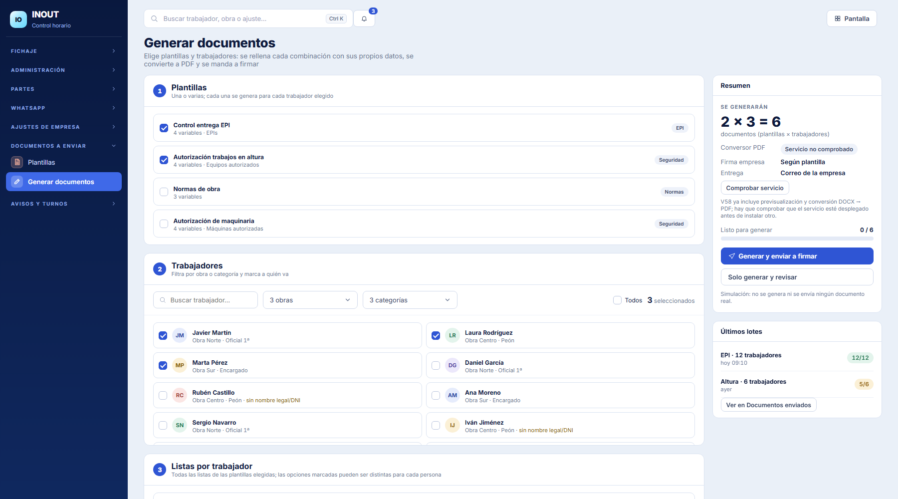 Vista parcial del generador de documentos de INOUT