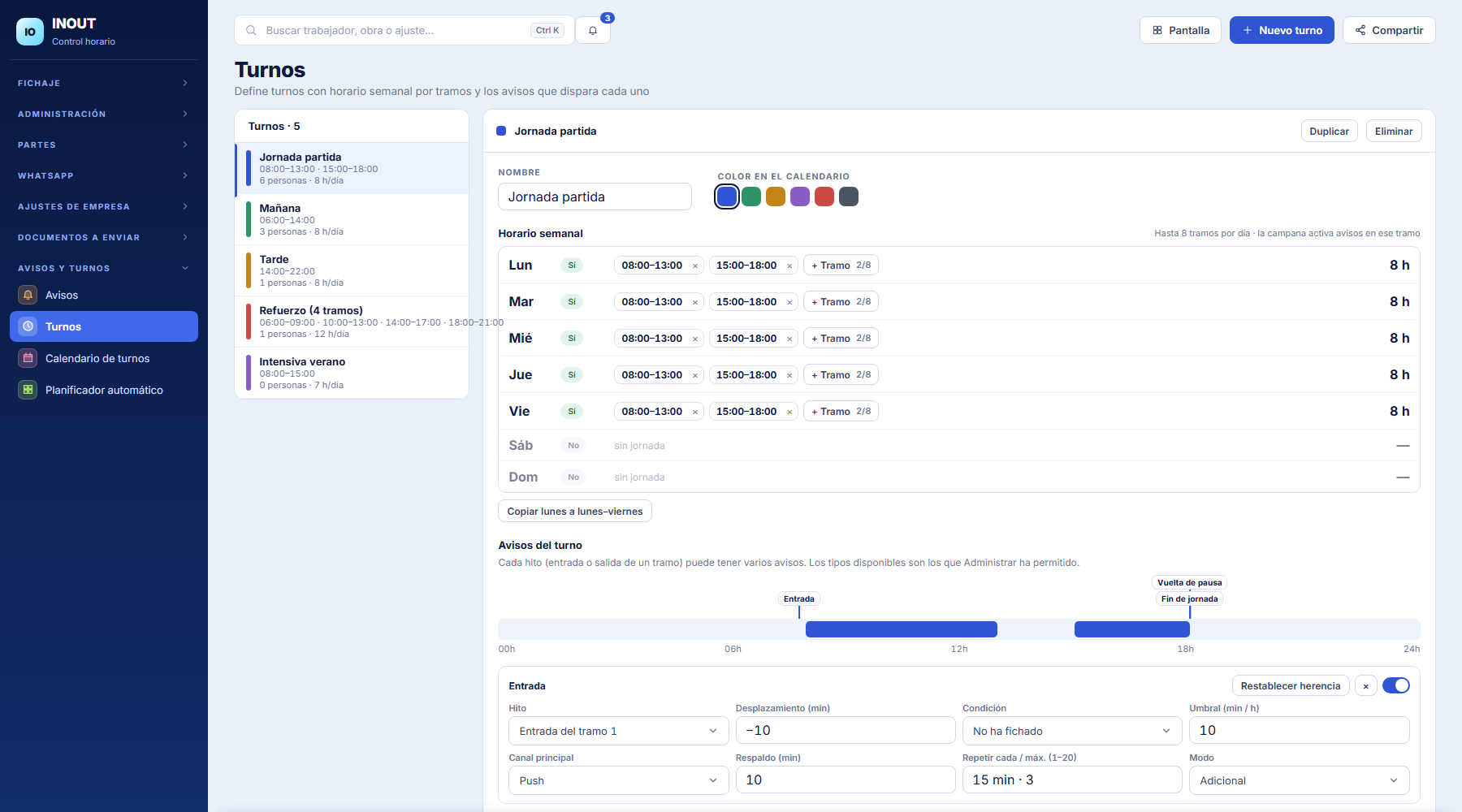 Vista parcial de configuración de turnos en INOUT